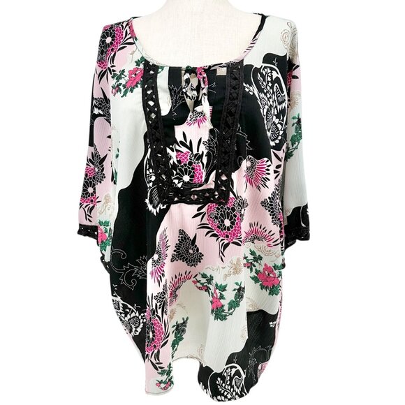 Denim 24/7 Tunic Top Womens 26W Floral Print 3/4 Sleeves Black White Pink Light - Picture 1 of 9